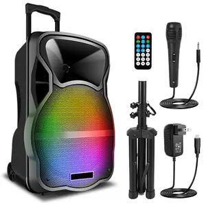 Dazone Portable 12” 3000 Watt Portable Bluetooth PA DJ Speaker System with Wired Microphone & Tripod Stands, Party Lights, USB SD Card Reader, FM Radio, Wheels, Remote Control