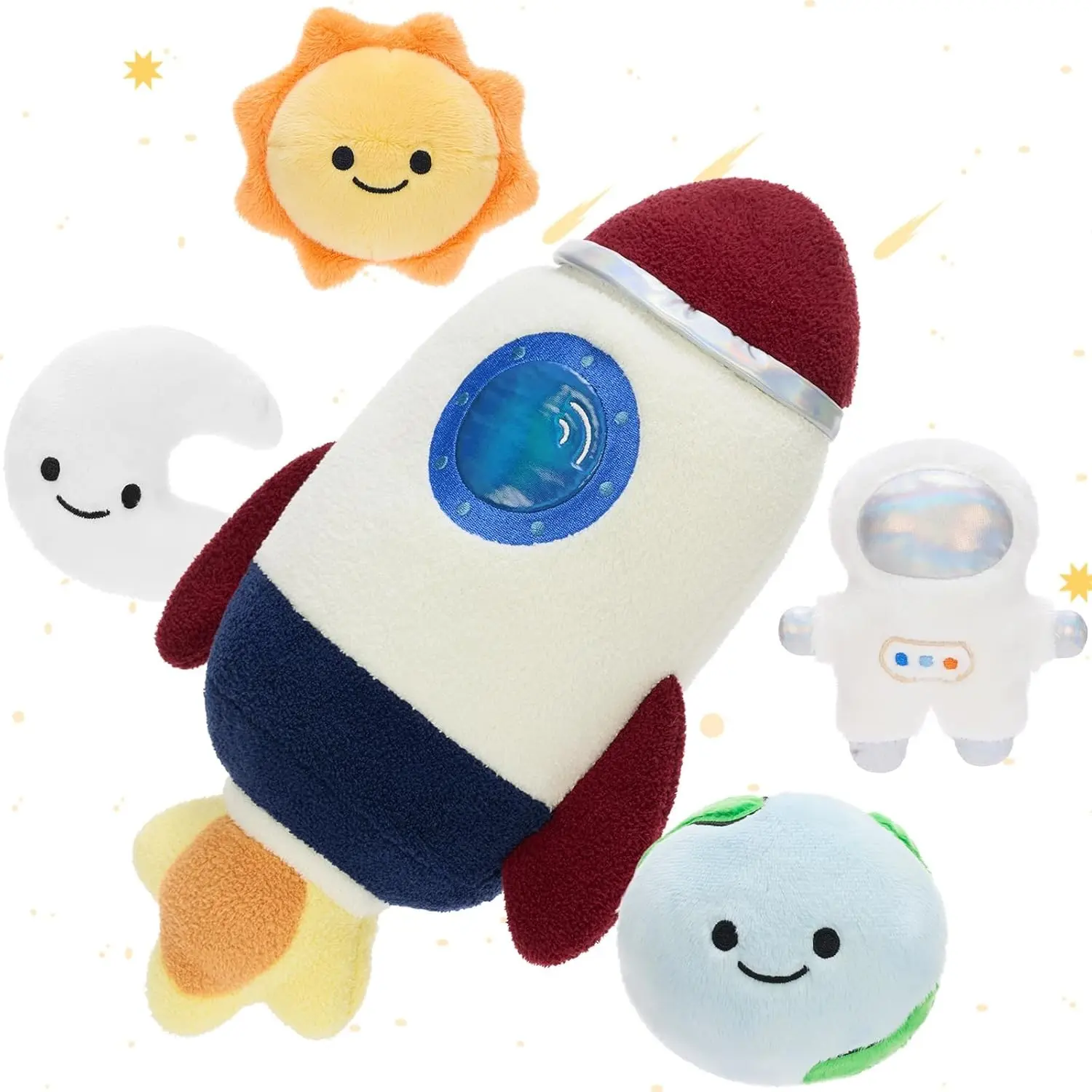 5Pcs Space Plush Toys Set – 15" Rocket, Astronaut, Sun, Moon & Earth Stuffed Animals, Soft Huggable for Bedtime Snuggles, Imaginative Play & Room Decor, Christmas Birthday Gift for Boys Girls