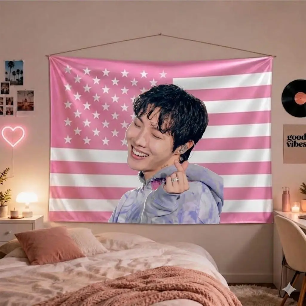 Sunshine Hope Inspired Wall Tapestry, Kpop Dance Leader Fan Room Decor, Pink Flag Art Gift for ARMY Fans, Birthday Surprise
