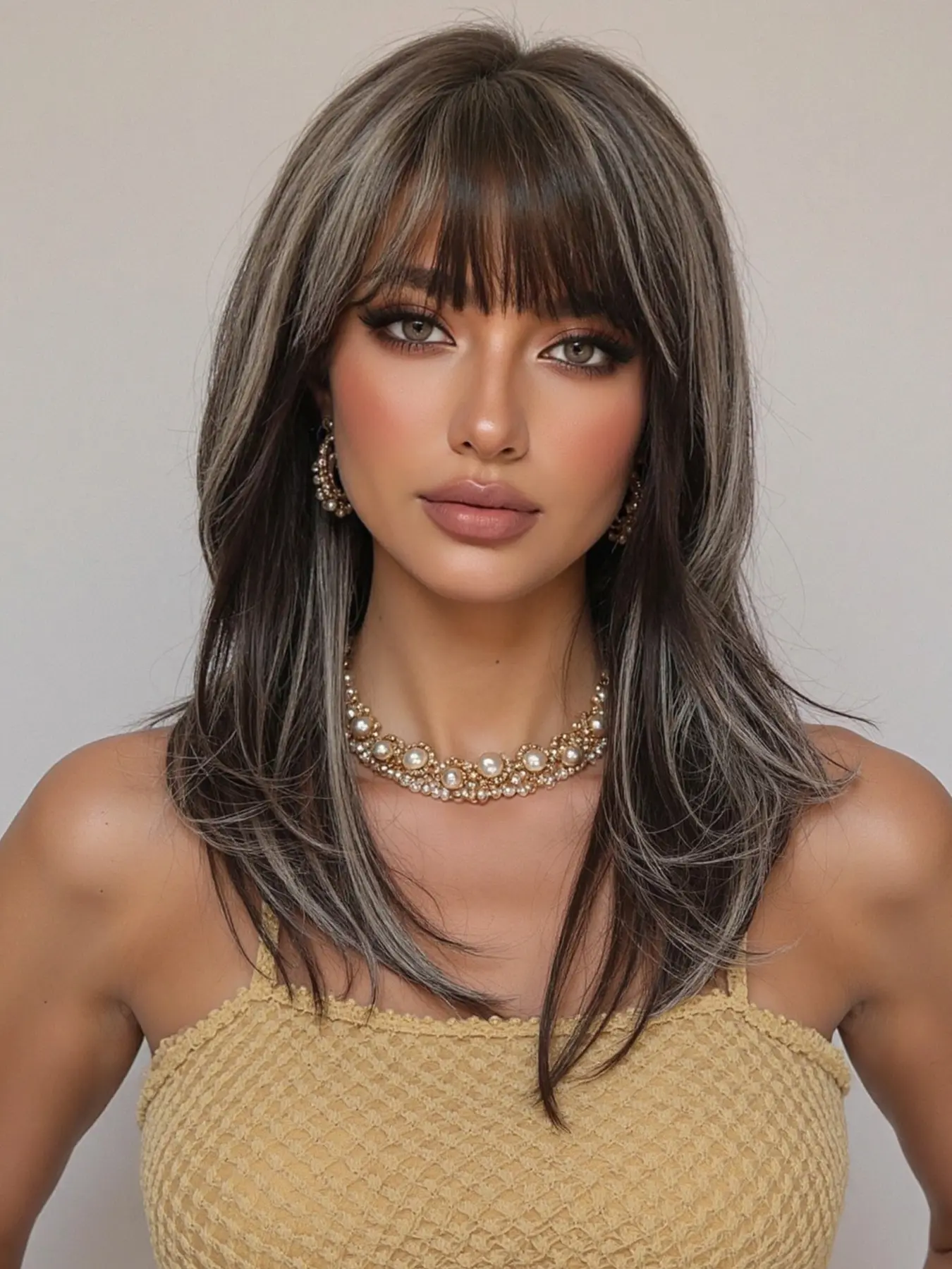 18 Inch Dark Highlighted Medium Length Wig for Women, Natural Look, Easy Care, Synthetic Fiber, Suitable for Daily Wear and Parties, Synthetic Hair Wig, Synthetic Fiber Wigs