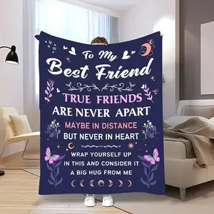 1pc Best Friend Gift Flannel Blanket - Deep Blue Gradient Floral & Heart Print with Inspirational Friendship Quotes, Soft Warm All-Season Throw for Camping, Travel, Home Decor 7