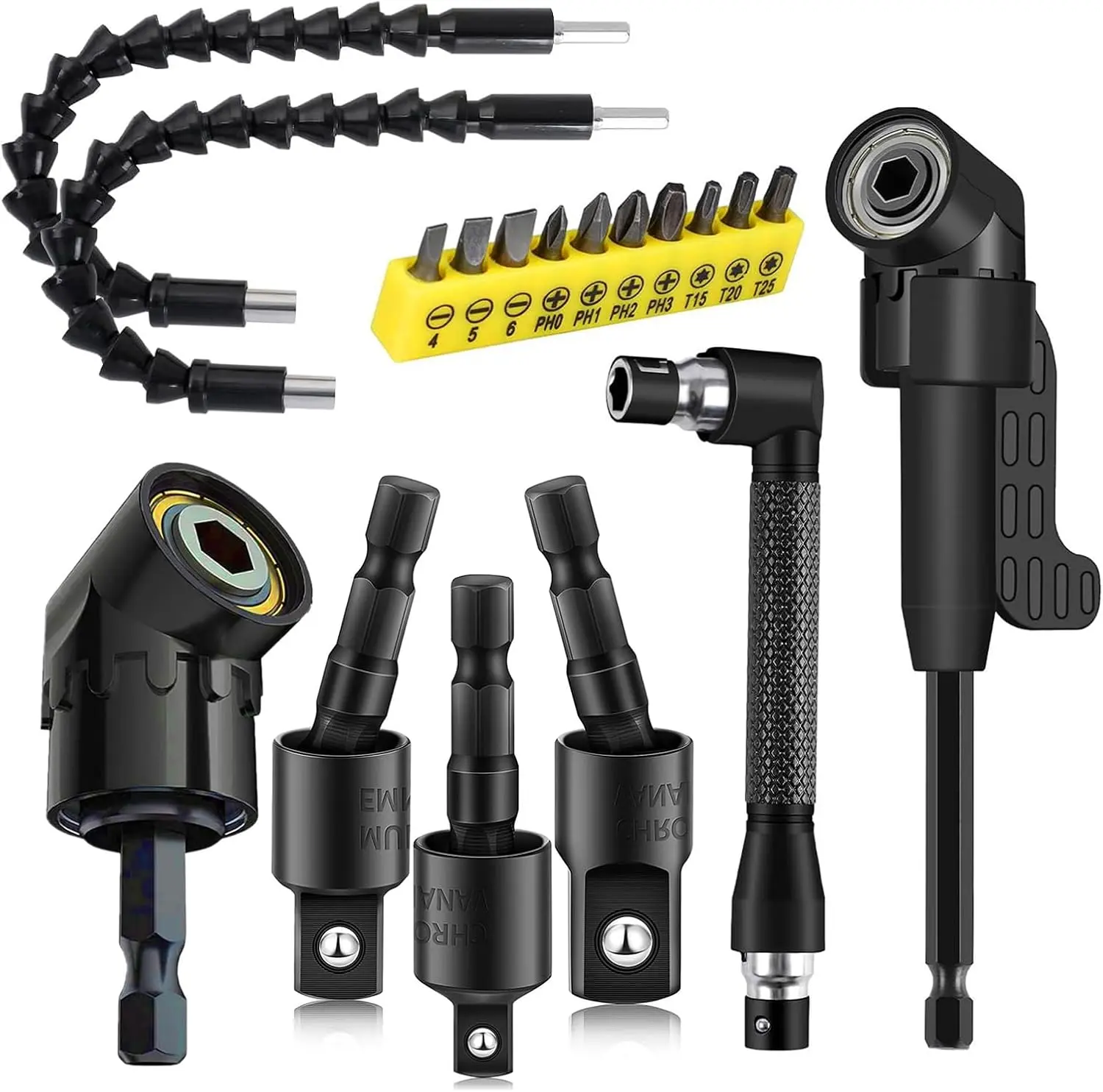 18Pcs Bit Extension, Include 3Pcs Rotatable Adapter 2Pcs 105° Angle 10 Short Screwdriver Bits 90° Angled Bits and 2 Bendable Extension Tool