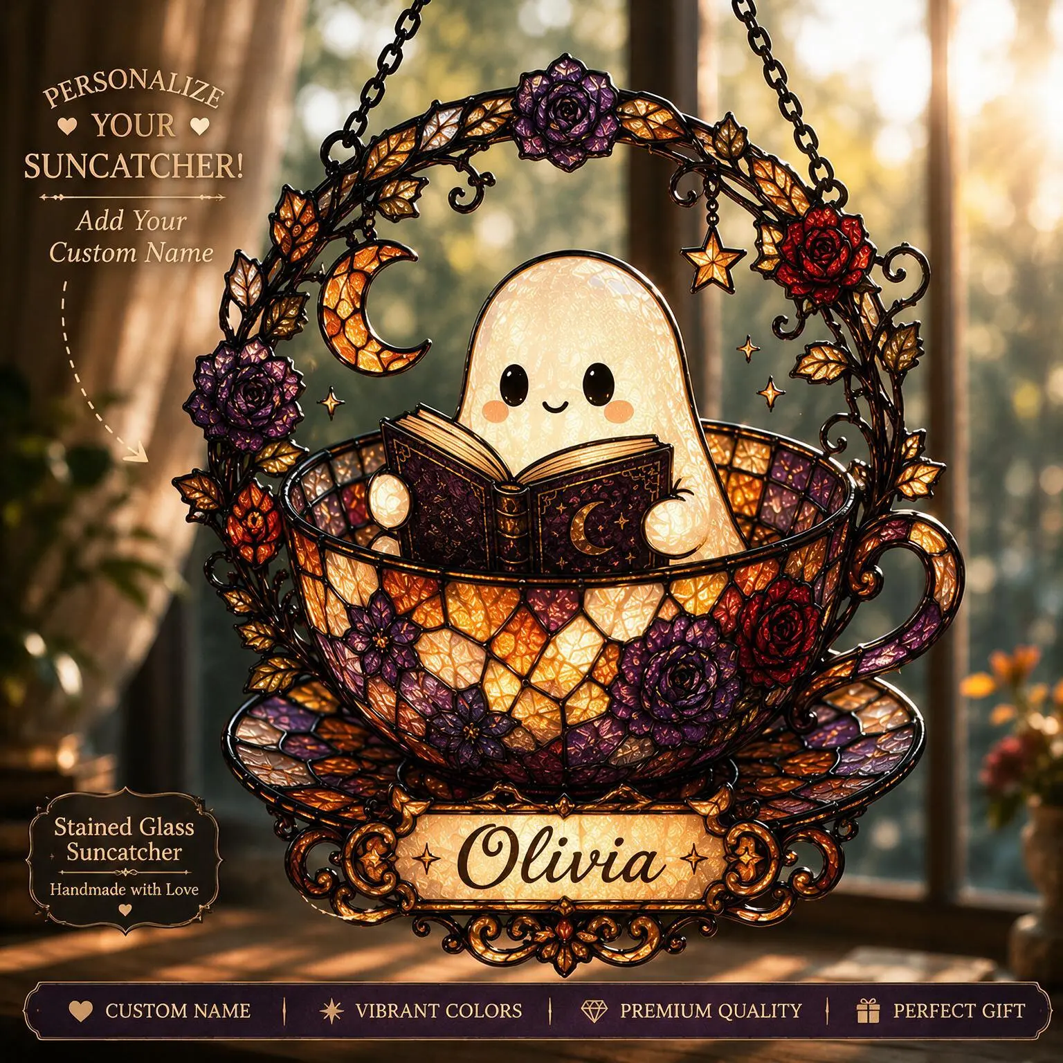 Personalized Ghost Reading Book Suncatcher | Custom Name Halloween Stained Glass Window Hanging | Cute Ghost Ornament Decor