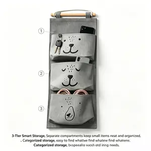 Grey Cartoon Bear 3-Pocket Wall Mount Storage Organizer, Cotton Linen Fabric Hanging Storage Pouch, Foldable Waterproof Organizer for Bedroom, Closet & Office