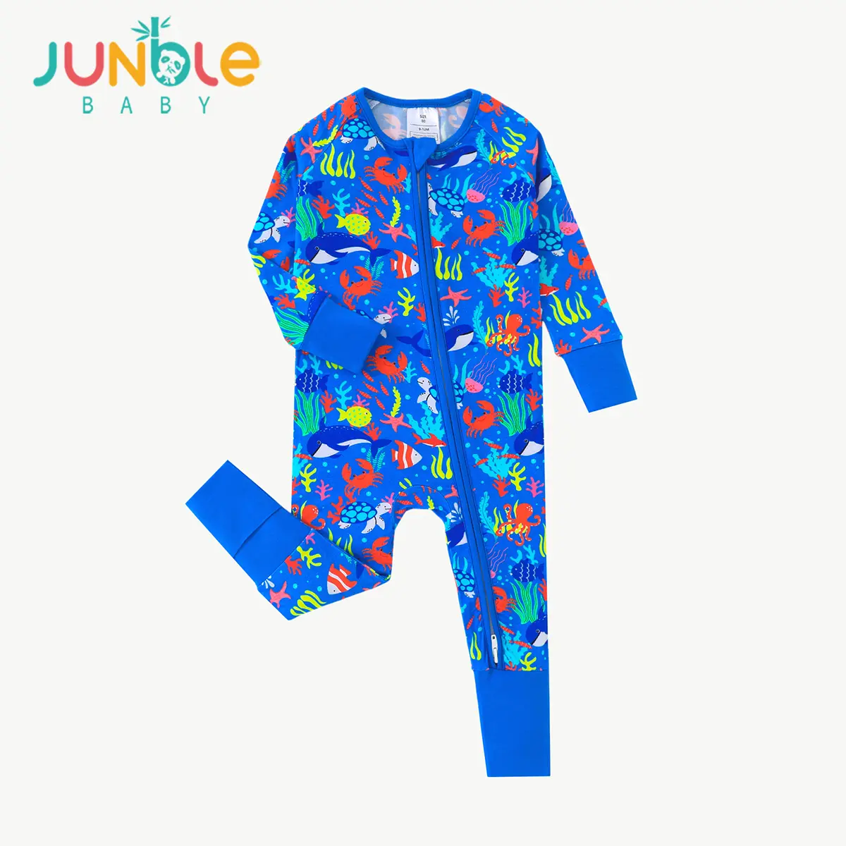 JUNBLEBABY Unisex Bamboo Long Sleeve Romper Suit, Cute Underwater Ocean Creature Print Infant Sleepwear with 2‑Way Zip & Convertible Footies, Snug‑Fitting 0‑24M Baby Clothing, All‑Season Pajama Jumpsuit