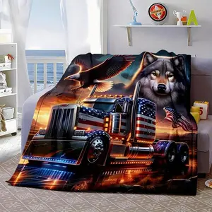 Cozy Eagle & Wolf Truck Flannel Blanket - Soft, Warm, Reversible, Machine Washable for Bed, Sofa, Camping (Multiple Sizes)