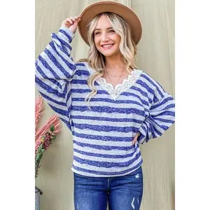 And The Why Striped Lace Detail V Neck Top