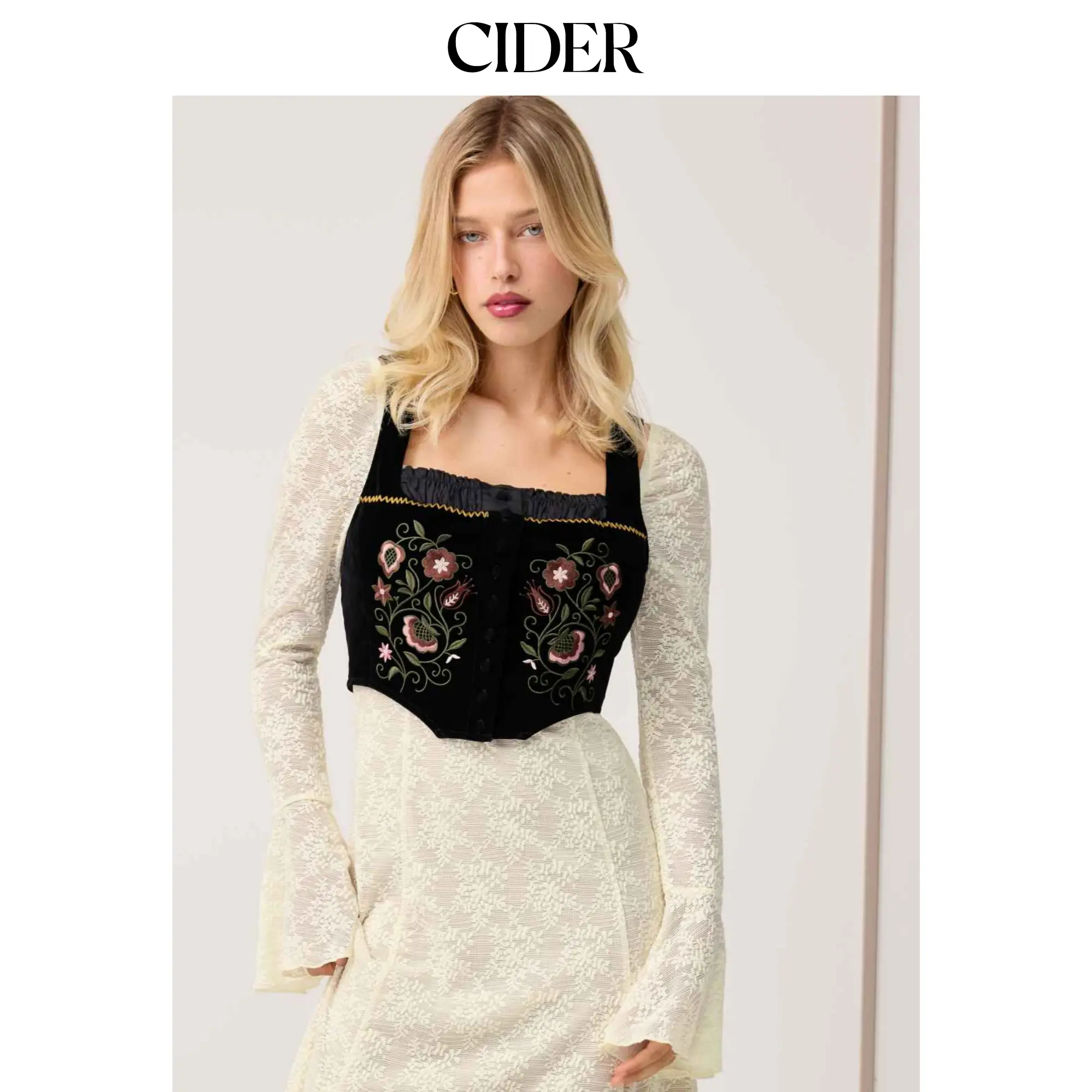 Cider Women's Elegant Floral Velvet Sleeveless Woven Top, Chic Fitted Vest with a Square Neck for Party Wear, Watch Party