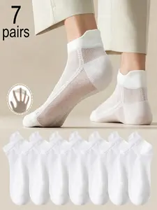7/10 Pairs Women's Solid Color Mesh Breathable Ankle Socks, Non-Slip Heel, Short Socks, Casual Gingham Pattern, Fitted Style