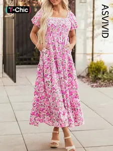 Women's Casual Dainty Floral Flower Summer Smocked Puff Sleeve Flowy Long Dress, Perfect for Daily Wear & Special Occasions, Womenswear