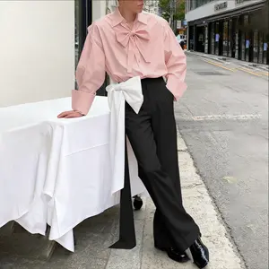 INCERUN Men's Retro Baroque-Inspired Soft Button-Up Shirt - Unisex Long Sleeves, Wide Cuffs, Pink Bow Tie, Fashion Top for Romantic Date, Art Exhibition (Belt-Compatible)