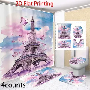 Dreamy Paris Eiffel Tower Butterfly Shower Curtain Set, Includes Bath Mat, Toilet Pad, U-Shaped Pad, 12 Hooks, Modern Home Bathroom Decor