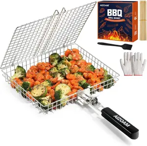 AIZOAM Portable Grilling Basket Set - Stainless Steel Large Grill Basket with Removable Handle & Secure Latch for Outdoor Grilling, BBQ Accessories for Meat Fish & Vegetables, 12.6 x 9.45 x 2 Inches