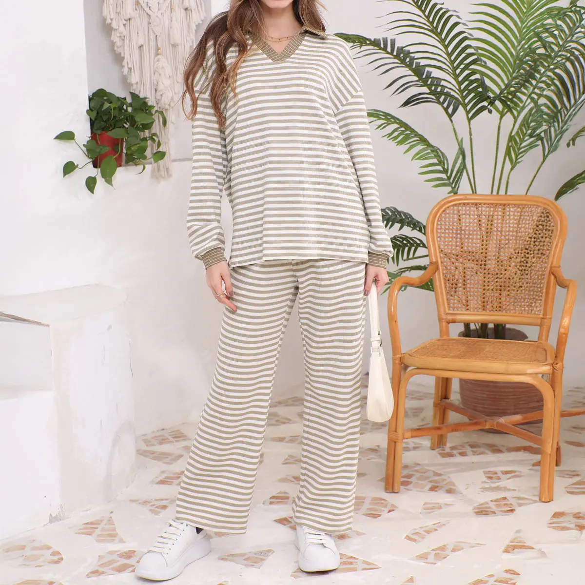 GUNEST Women's 2-Piece Casual Sweater Set - Loose-Fit V-Neck Drop Shoulder Striped Knit Top & Wide-Leg Pants with Contrasting Accents, All-Day Casual Women's Clothing Sets for Everyday Wear, Women's 2 Piece Set