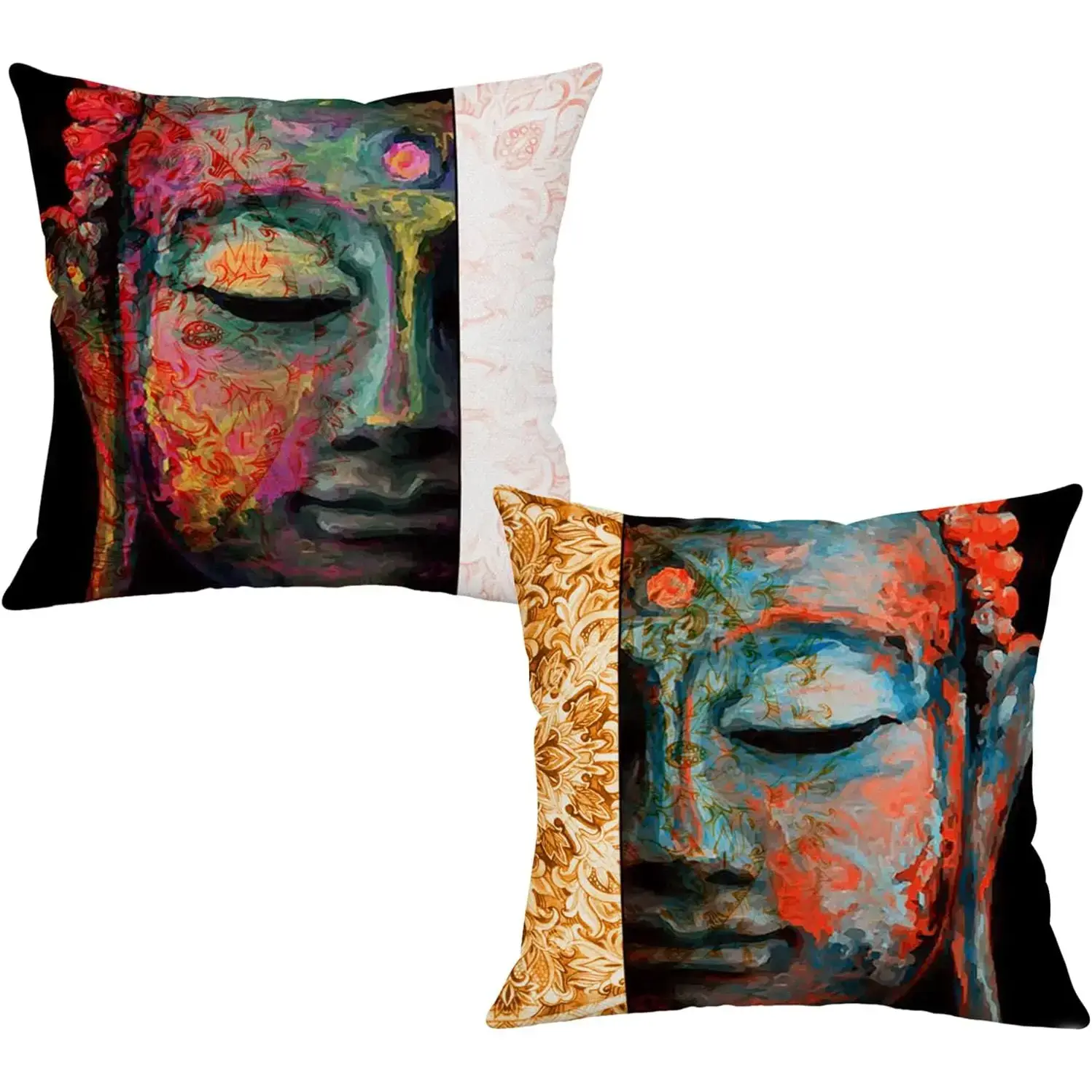 Buddha Bless Floral Mandala Cushion Covers (Set of 2, 18x18 in) - Linen, Indian Ethnic Imagery, Hamsa Chakra, High Definition, Hidden Zipper, Non-Irritating to the Skin, Machine Washable, Tumble Dried, Couch Home Decor, Reversible