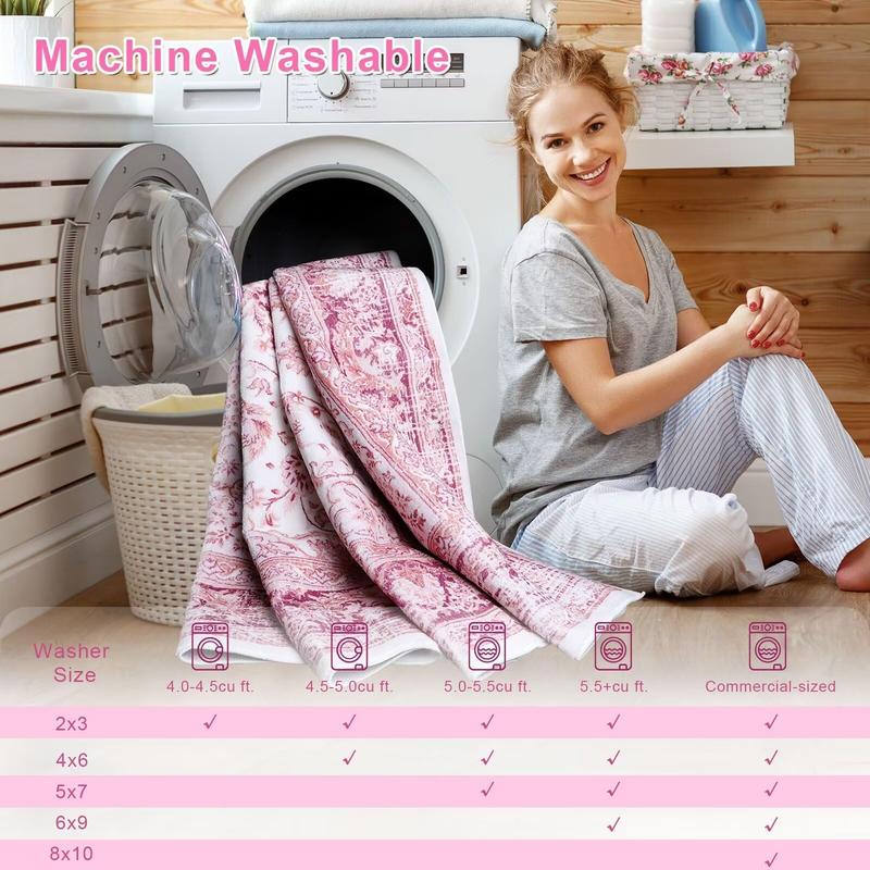 Non-Slip Washable Faux Wool Vintage Boho Rug, Retro Distressed Medallion Carpet 5x7 6x9 ft, Red/Blue Low Pile Soft Mat for Entryway Kitchen Traditional Interiors