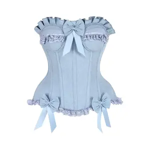 Top Drawer Light Blue Denim Underwire Steel Boned Burlesque Corset w/Bows