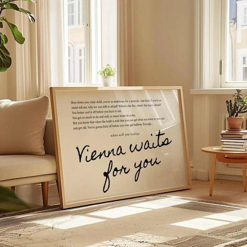 Artistic Billy Joel 'Vienna Waits for You' Song Lyrics Typography Print Wall Art - Unframed Large Landscape Poster, Waterproof Home Decor Items, Polka Dot Design, Box-Included Home Supply for Nursery & Kid Room Wardrobe Compatibility