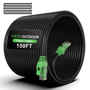 150FT Cat6 Outdoor Ethernet , In-Ground, Heavy Duty Direct Burial, 24AWG CCA Patch Cord for Laptops, PCs, Routers, Printers,  Camera, PoE, UTP  6 Internet  with 25  Ties