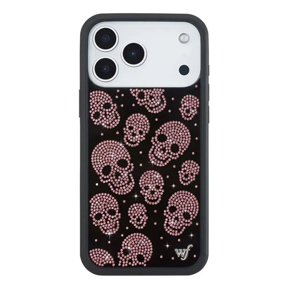 Halloween Ornate Skull Pattern Rhinestone Phone Case for iPhone 17-18 Pro Max - Sturdy Shockproof Cover, Unique Print, Sleek Black Edge Protection