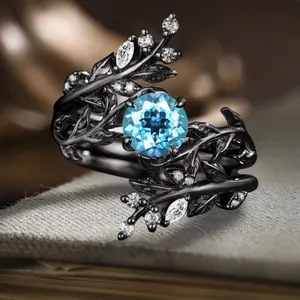 2-Piece Set: Elegant Black Oval Cubic Zirconia Leaf Couple Rings - Women's Wedding Engagement Bridal Jewelry, Perfect Gift for Wedding Banquets, Valentine's Day, Christmas, Mother's Day