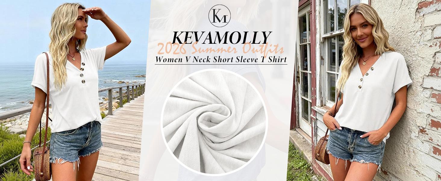 KevaMolly Womens Button V Neck T Shirts Short Sleeve Tshirt Shirts Casual Loose Fit Tops 2026 Summer Beach Outfits Clothes