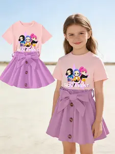 Girls Kpop Summer Cartoon Print T-Shirt & Pleated Skirt Set, Summer Outfits, Korean Style Casual, Cute Cool Fashion for Kids, Baby Girls' Summer Clothes