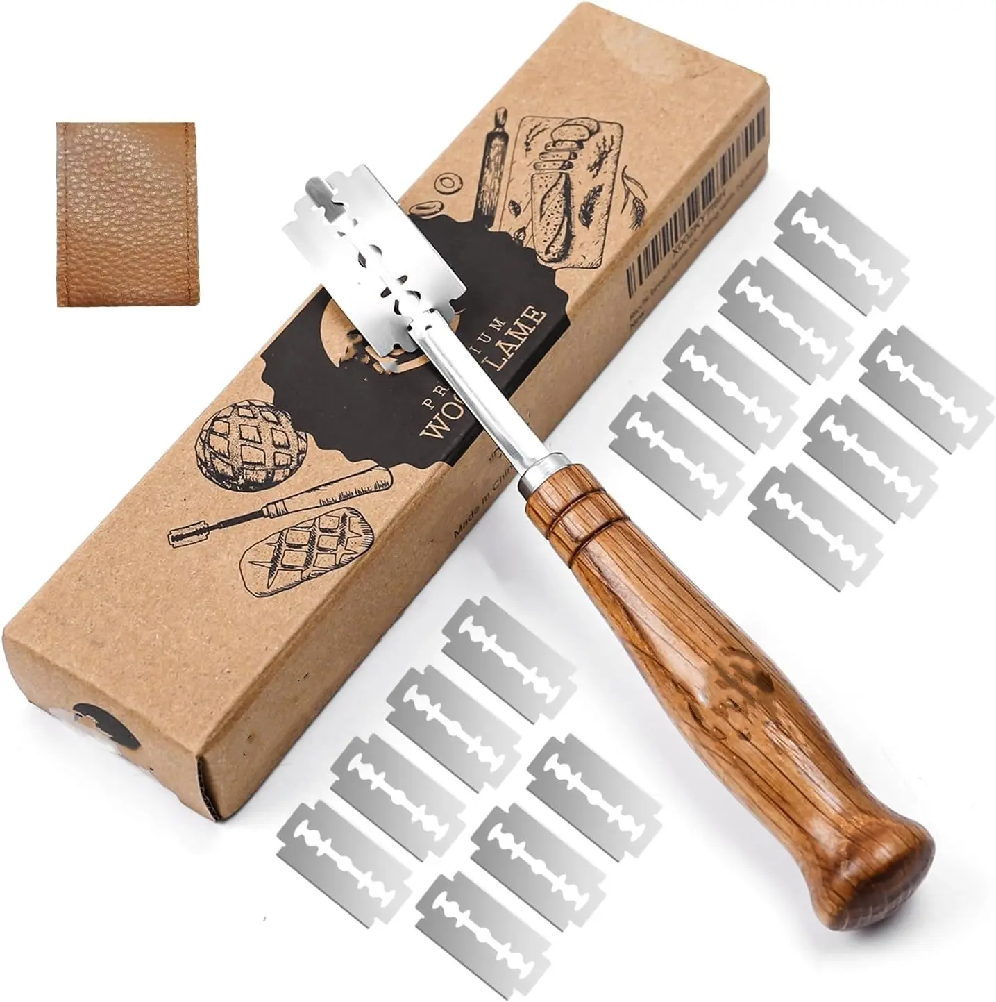 Wood Handle Bread Lame Slashing Tool, Dough Scoring Knife with 15 Razor Blades and Storage Cover Wood Handle Bread Lame Slashing Tool, Dough Scoring Knife with 15 Razor Blades and Storage Cover