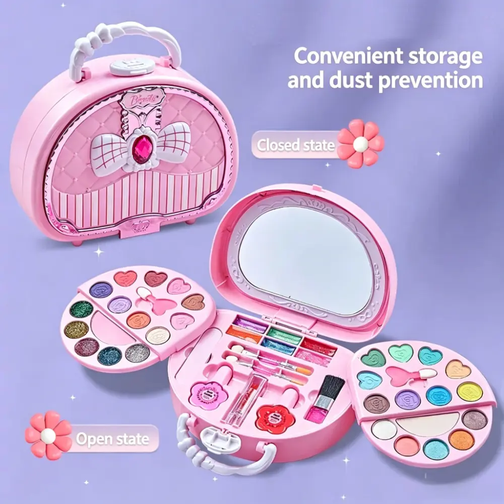 Cute Bow Pretend Play Makeup Set with Mirror, Portable Handheld Play Cosmetic Storage Case, Multicolor Pretend Makeup Palette Organizer Box for Daily Dress Up Play
