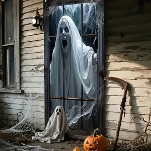 Halloween Window Banner Decoration, 1 Piece, Terror Ghost Design, Polyester Fabric, Indoor Wall and Window Decor, No Power Needed, Multi-Functional Festival Accessory