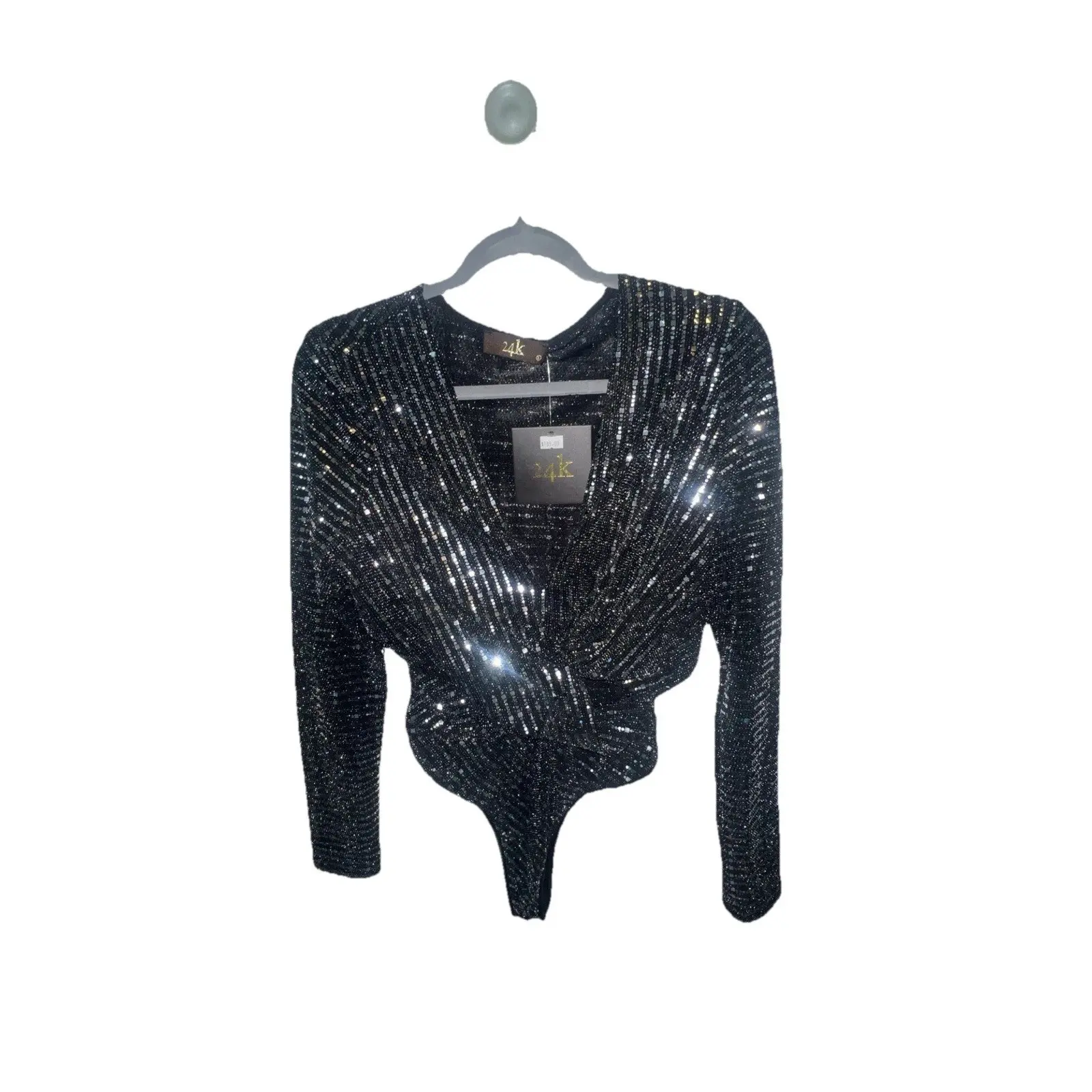 24K Large Bling One-piece Top - Sparkling Black Long Sleeve Bodysuit w/ Glitter