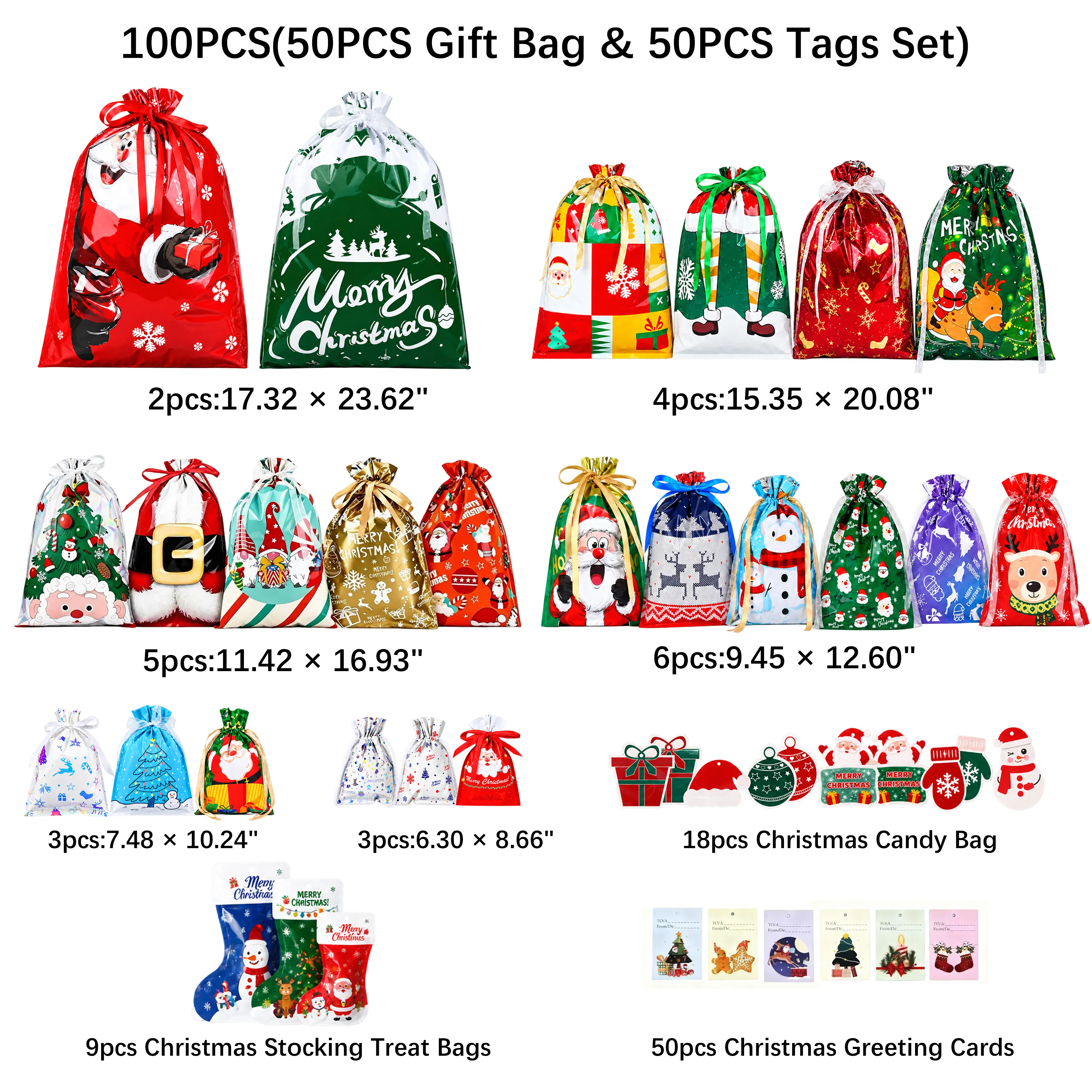 100-Pack Christmas Gift Set | 50 Multicolor Plastic Drawstring Gift Bags + 50 Blank Greeting Cards, Goodie Candy Bags, Holiday & Christmas Party Favors for Wedding, Small Presents & Jewelry Packaging