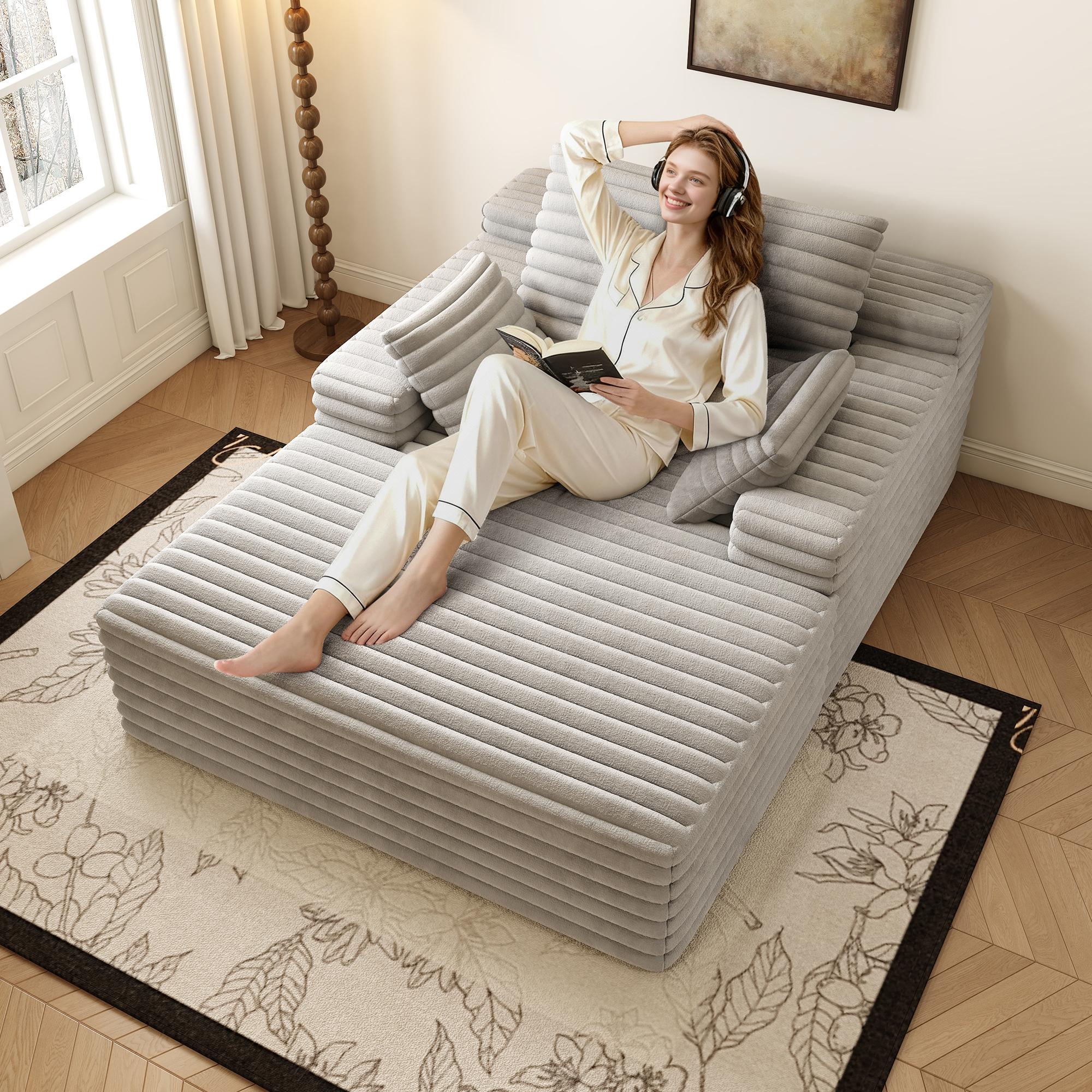 Chaise Lounge Indoor, Oversized Chaise Lounge Chair with 3 Throw Pillows and Armrests, Corduroy Upholstered Plush Sofa Bed Lazy Chair Bed Sleeper Chair for Living Room Apartment ,Lazy Couch Bean Sofa for Adult