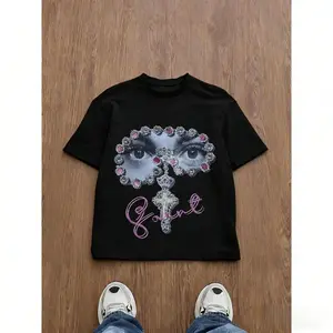 Men's Loose Fit Graphic Tee, Y2K Gem-Embellished Eye Cross Design, All-Season Casual Unisex Streetwear