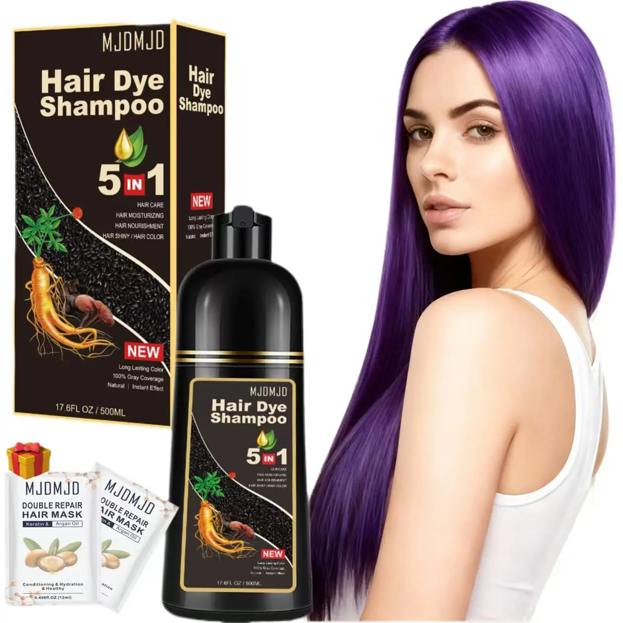 MJDMJD Golden Brown Hair Dye Shampoo 5 in 1, Instant Color Shampoo