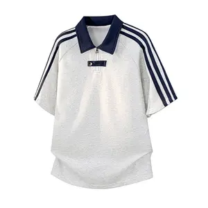 Vintage half-zip polo shirt for men, summer preppy striped collared short sleeves, zip-up striped summer patchwork collared short sleeves, casual loose-fit trendy top