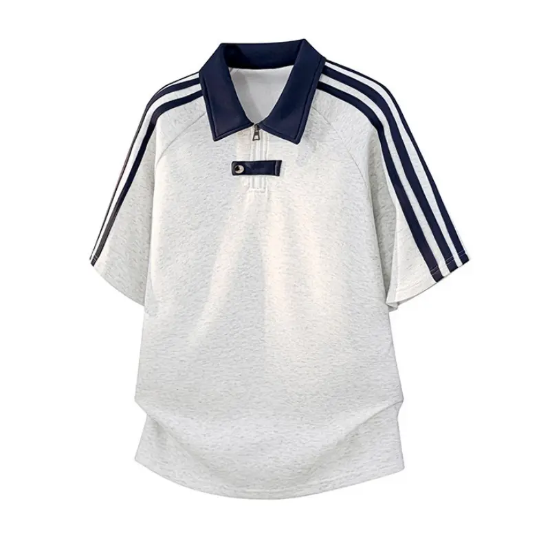 Men’s Contrast Collar Half-Zip Short Sleeve Polo, raglan three-stripe textured knit fabric, suitable for daily commute, travel trips and all kinds of leisure outdoor occasions#SummerWins