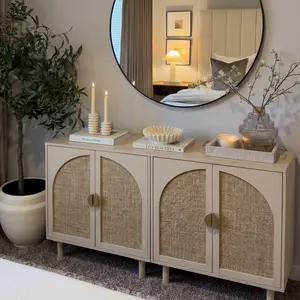 YMW Rattan Storage Cabinet Beige Boho Sideboard with Adjustable Shelf & Magnetic Door Latch for Modern Home Decor.Can be Placed in the Bedroom, Living Room, Kitchen, or Entryway