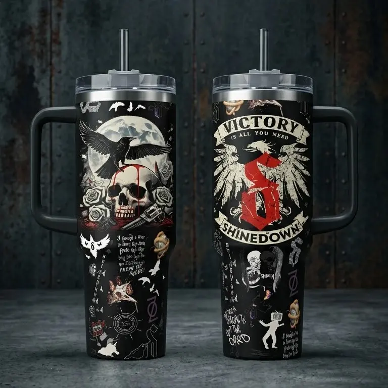 Shinedown Tumbler, Rock Band 40oz Cup with Handle & 20oz Travel Mug. Music Fan Gift, Shinedown Inspired Insulated Tumbler Featuring Victory Is All You Need Skull & Raven Graphic Design.