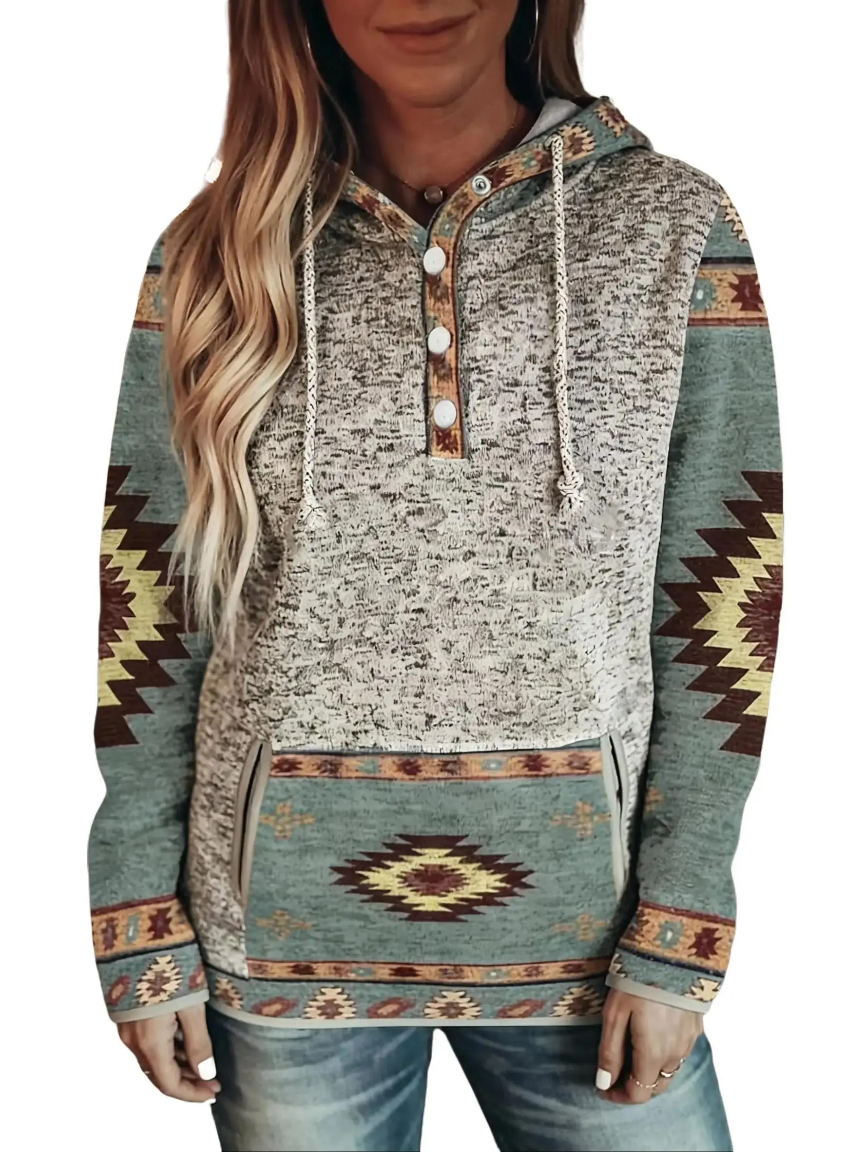 Women's Fashion Western Ethnic Print Hooded Sweatshirt, Vintage Geometric Pattern Pullover with Button Front, All-Season Casual Long Sleeve Top, for Everyday& Formal Outfits