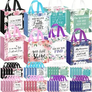 32/ 50 Pack Floral Bible Verse Tote Bags with Handles - Reusable Fabric Gift Bags for Christian Baptism, Wedding, And Birthday - Inspirational Religious Non-Woven Totes for Women And Girls