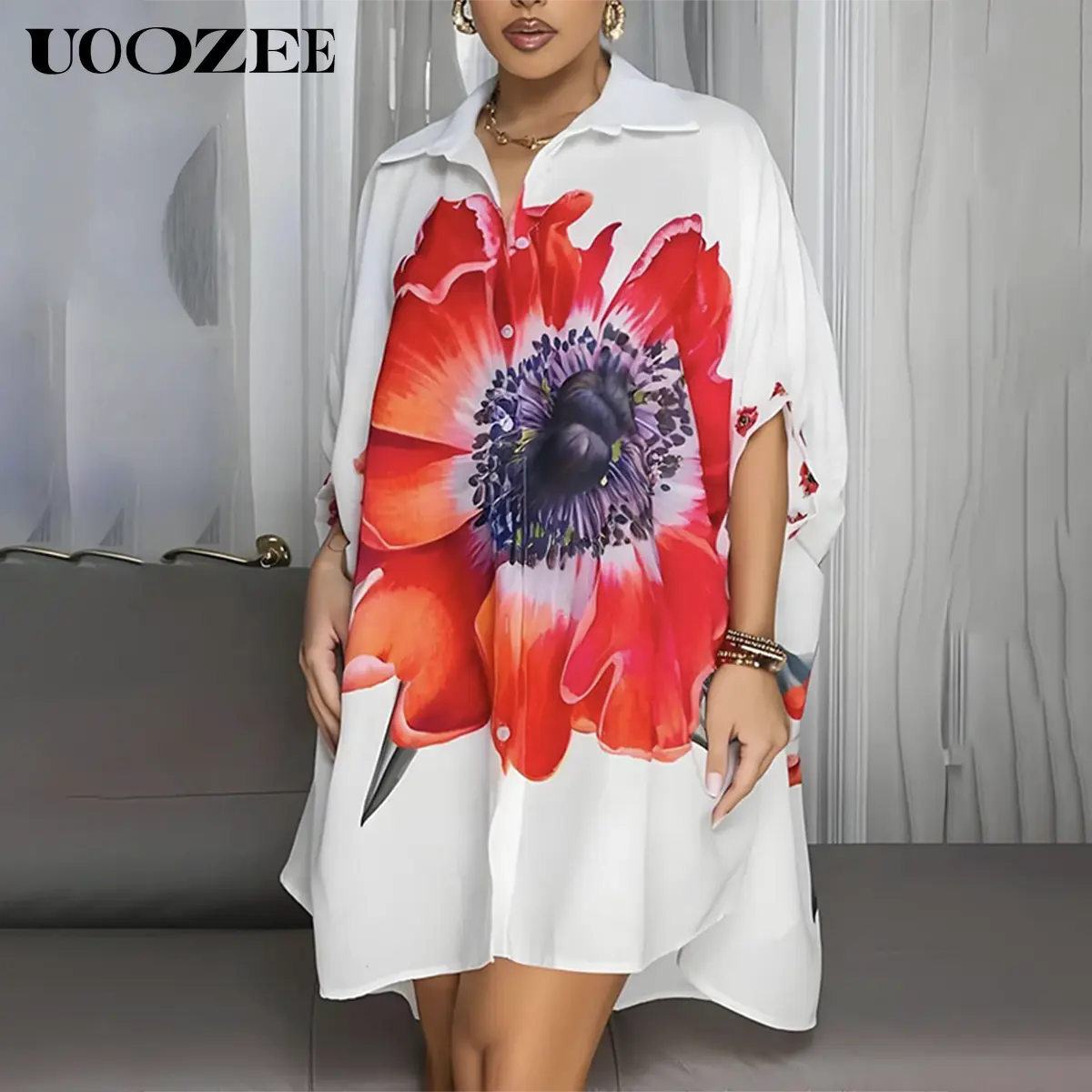 UOOZEE Women's Tunic, Oversized Poppy Print Collared Button-Down Top with Smooth, Shiny Fabric for Casual Elegance, Streetwear, Style, Statement, Polyester, Flat, Strappy, Asymmetrical, Tropical, Breathable, Women's Clothes, Half Sleeve, Casual Dresses, B