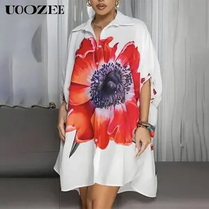 UOOZEE Women's Oversized Floral Printed Shirt Dress - Summer Streetwear, Fall New Smooth Tropical Button-Down Half-Sleeves, Knee-Length Flat Asymmetrical Casual/Beach Dress (Sizing Runs Large - Check Size Guide or Order Smaller), Polyester, Bag,summervibe