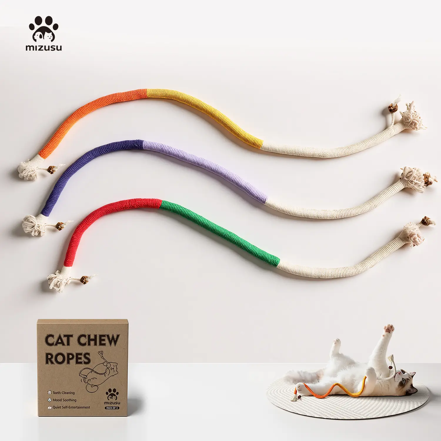 Cat Toys Chew Ropes 3Pcs With One Pack of Catnip For Extended Play, Safe Teeth Cleaning Toy for Indoor Kittens, Interactive Kitty Toys