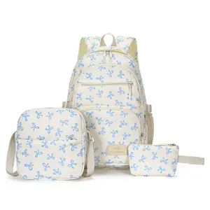 Kawaii Pink Bow Pattern Backpack 3-in-1 Set, Women Fashion Casual Bookbag with Insulated Lunch Tote & Cosmetic Pouch, Lightweight Water Resistant Backpack for Teen Girls