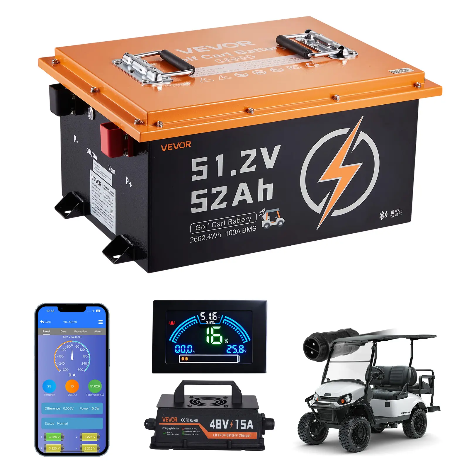 VEVOR Compact 48V (51.2V) 52AH LiFePO4 Golf Cart Batteries Kit with 15A Charger, Built-in 100A BMS, 100A Continuous Discharge, 150A Peak Current, Bluetooth APP, Display Monitor, 4000+ Charge Cycles, 10-Year Lifespan, Included Cells