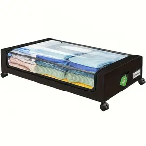 1-Pack Bed Base Storage Box with Transparent Lid and Wheels, Ideal for Clothes, Shoes, Books, Toys, Space-Saving Organizer