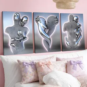 3-Pack Wood Frame Canvas Art Posters, Modern Abstract Metal Figures, Abstract Design, Romantic Home Decor, Waterproof, for Living Room, Bedroom, Office