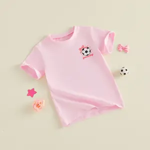 Toddler Baby Girl Soccer Game Day T-Shirt Short Sleeve Round Neck Soccer Letter Print Loose Tops with Bow Accent