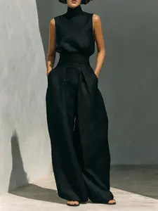 Women's Light Mature Style Linen Texture High Neck Sleeveless Waist Cinch Wide Leg Pants Set, Elegant Commute Two-Piece Set